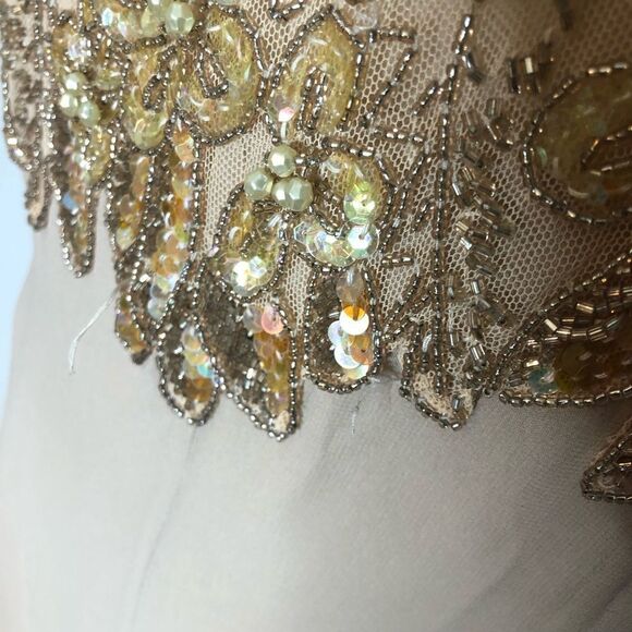 Jovani Evening Long Sleeve Beaded Illusion Beige Gatsby Deco Formal Keyhole Gown - Picture 10 of 15